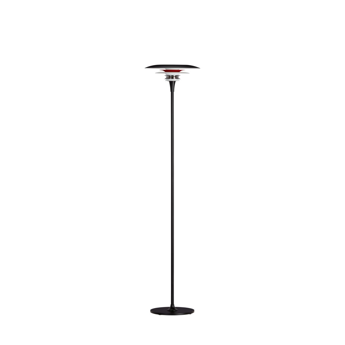 Diablo Ø30 Svart/rød gulvlampe Fra Belid - Lampen er tilgjengelig i flere fargekombinasjoner, spesielt i en i&oslash;ynefallende blanding av matt svart og blank r&oslash;d som gir et moderne og samtidig dramatisk uttrykk.