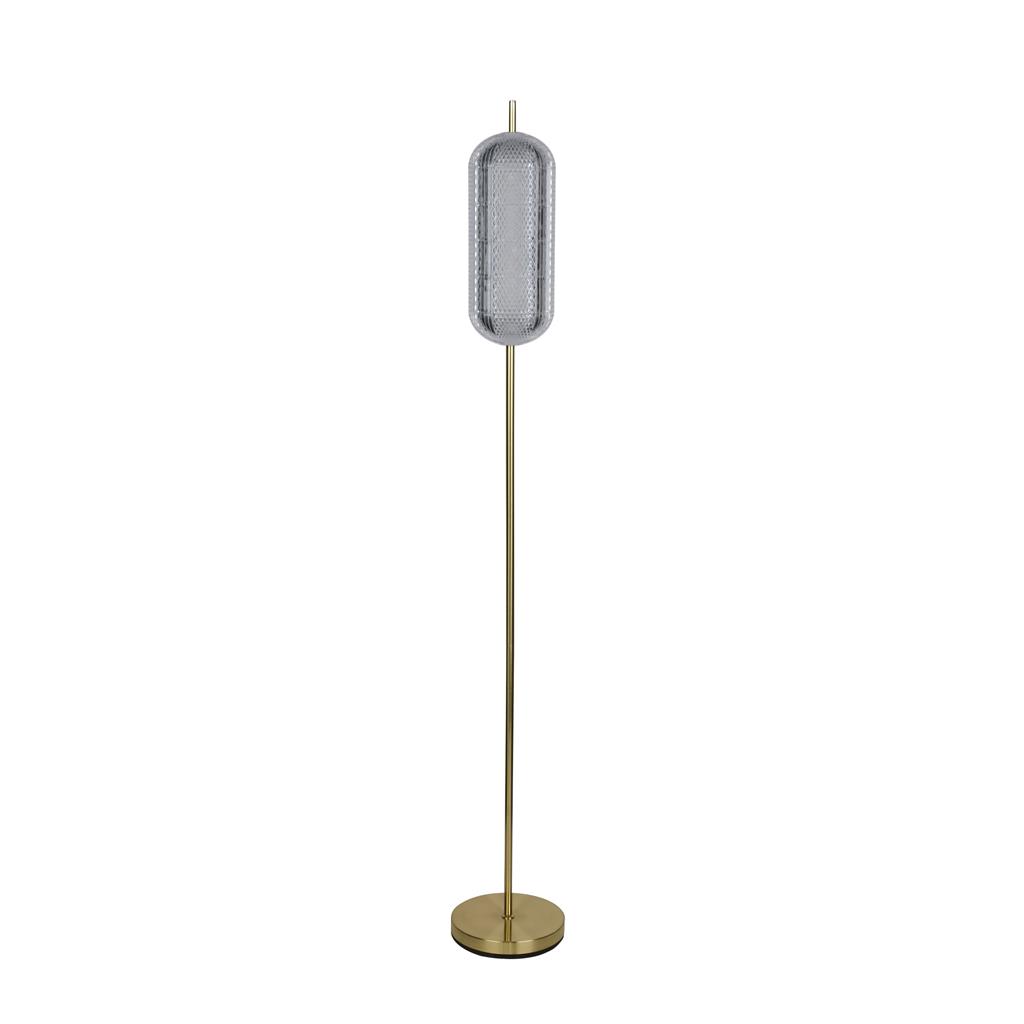 Capsule Messing gulvlampe Fra Searchlight - Capsule er en elegant og moderne gulvlampe med detaljer i satengmessing og en skjerm i akrylglass som sprer et mykt og behagelig lys.