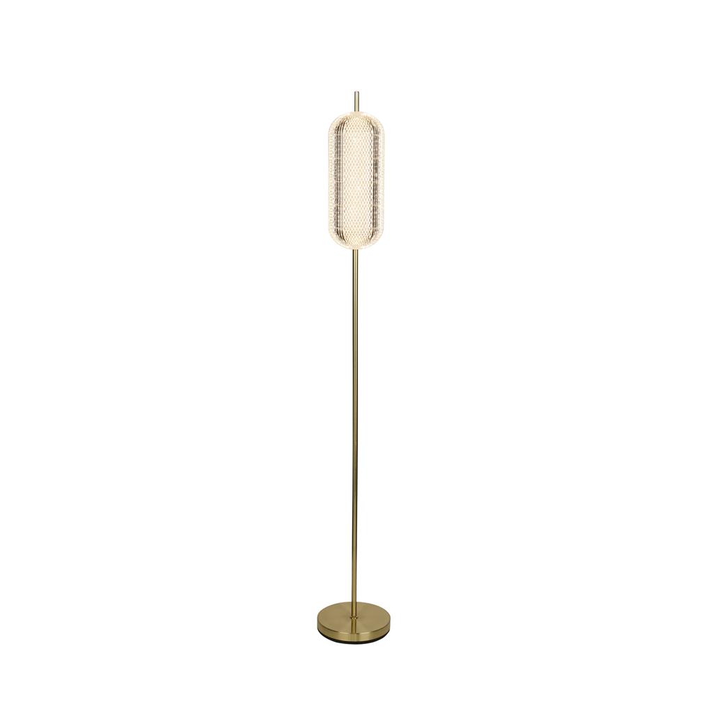 Capsule Messing gulvlampe Fra Searchlight - Capsule er en elegant og moderne gulvlampe med detaljer i satengmessing og en skjerm i akrylglass som sprer et mykt og behagelig lys.
