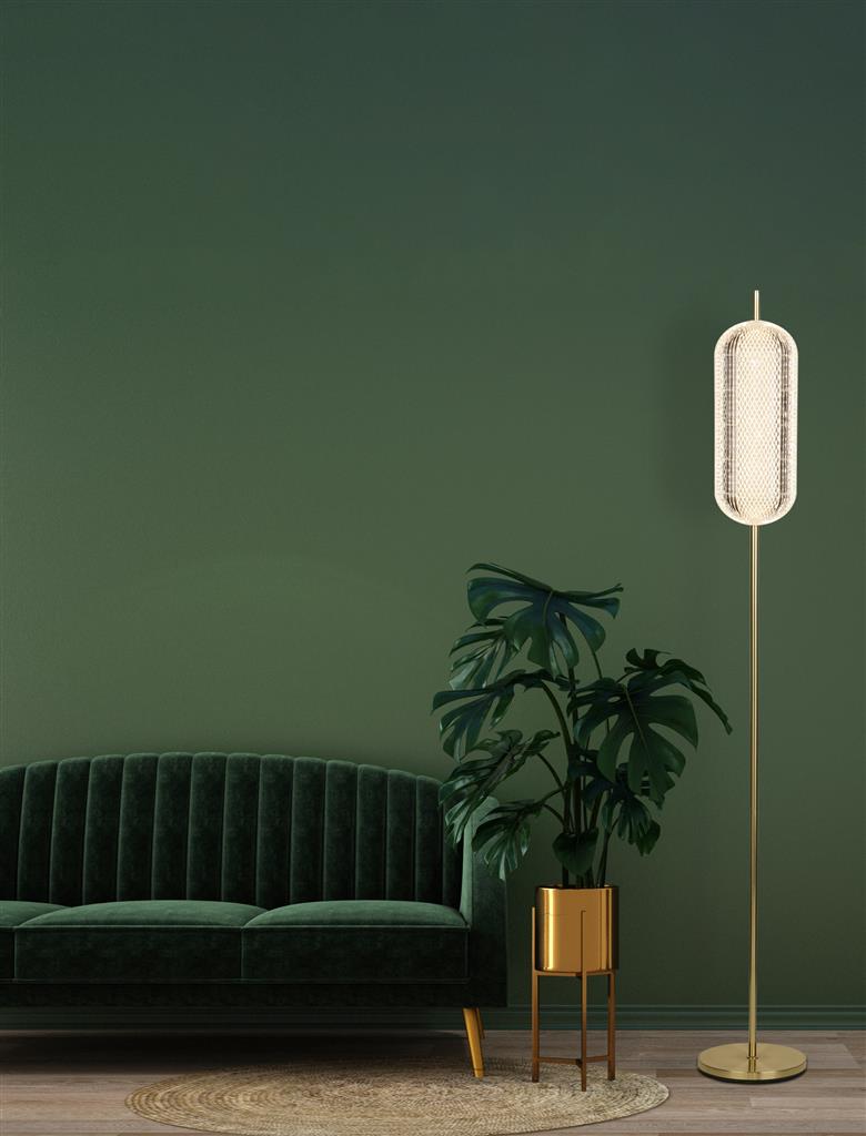 Capsule Messing gulvlampe Fra Searchlight - Capsule er en elegant og moderne gulvlampe med detaljer i satengmessing og en skjerm i akrylglass som sprer et mykt og behagelig lys.