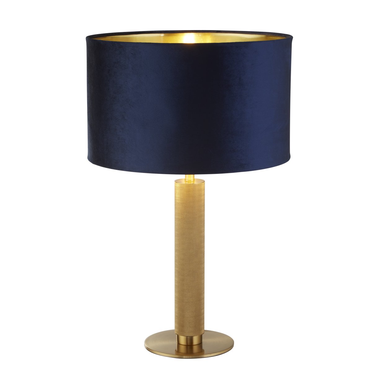 London 63cm Mørk blå bordlampe Fra Searchlight - Den marinebl&aring; lampeskjermen med gyllent interi&oslash;r gir en varm og myk gl&oslash;d, mens den riflede foten i gullfarget metall gir et sofistikert preg.