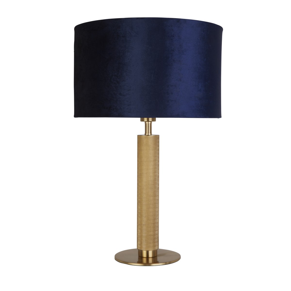 London 63cm Mørk blå bordlampe Fra Searchlight - Den marinebl&aring; lampeskjermen med gyllent interi&oslash;r gir en varm og myk gl&oslash;d, mens den riflede foten i gullfarget metall gir et sofistikert preg.