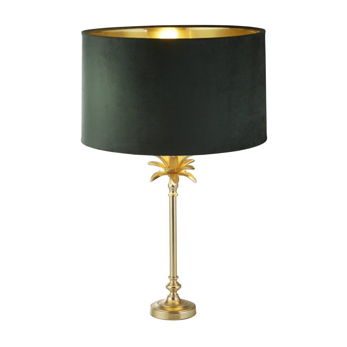 Palm 45cm Grønn bordlampe Fra Searchlight - Kombinasjonen av mørkegrønn og sateng messing utstråler varme og rikdom, og skaper et fengslende fokuspunkt i hjemmet ditt.
