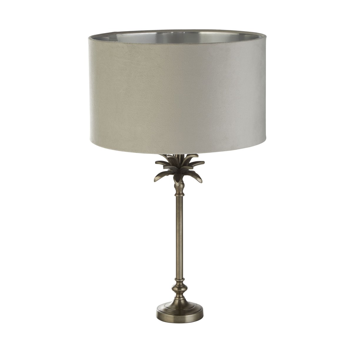Palm 45cm Grå bordlampe Fra Searchlight - Dens grå og antikke nikkelfinish utstråler varme og rikdom, og skaper et fengslende fokuspunkt i rommet ditt.