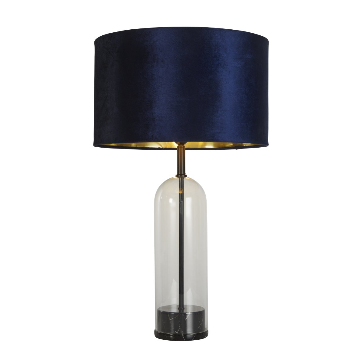 Oxford 44cm Blå bordlampe Fra Searchlight - Oxford bordlampe med sin tidløse marineblå; Skjerm og gullfarget interiør gir en elegant kombinasjon av glass, svart metall og marmor.