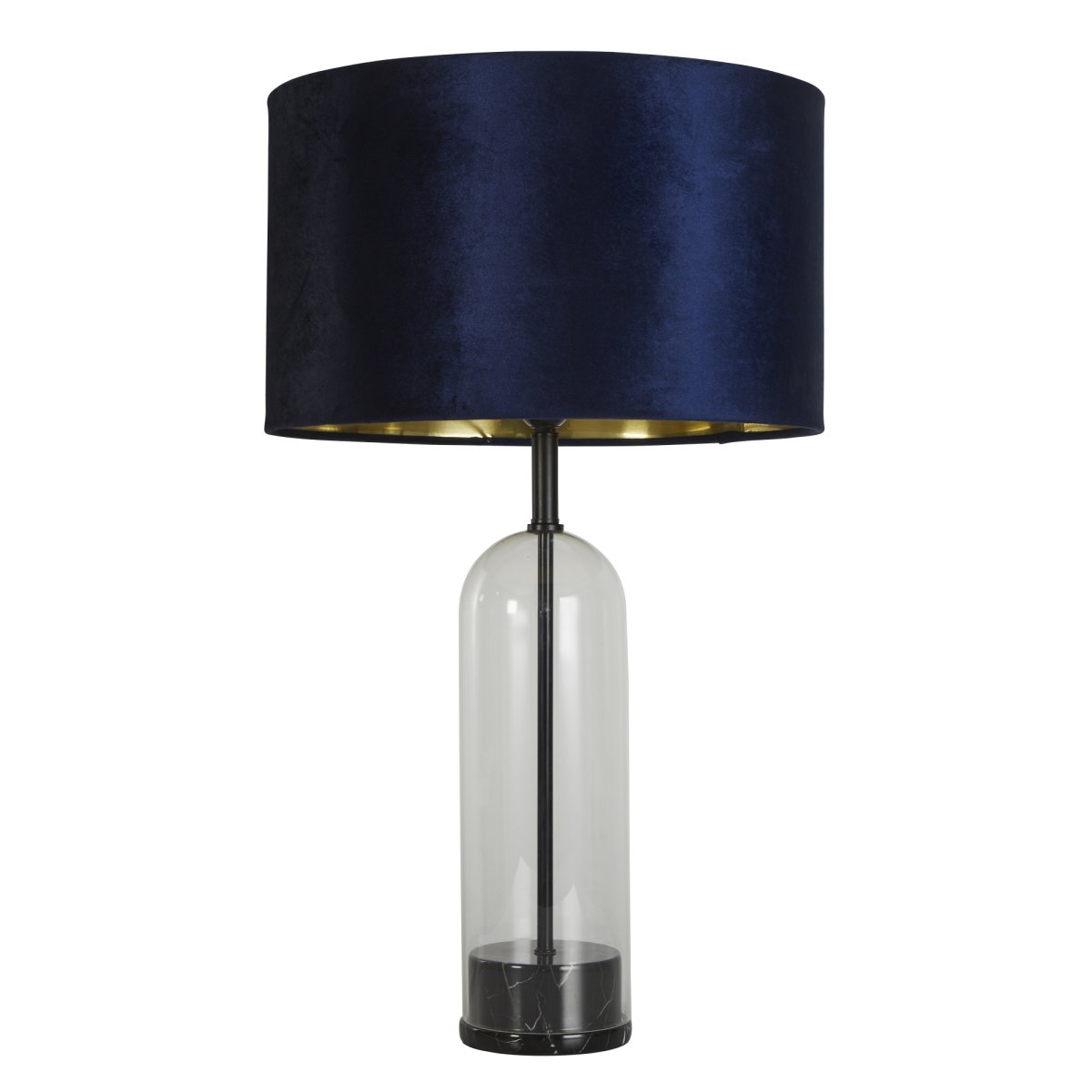 Oxford 44cm Blå bordlampe Fra Searchlight - Oxford bordlampe med sin tidløse marineblå; Skjerm og gullfarget interiør gir en elegant kombinasjon av glass, svart metall og marmor.