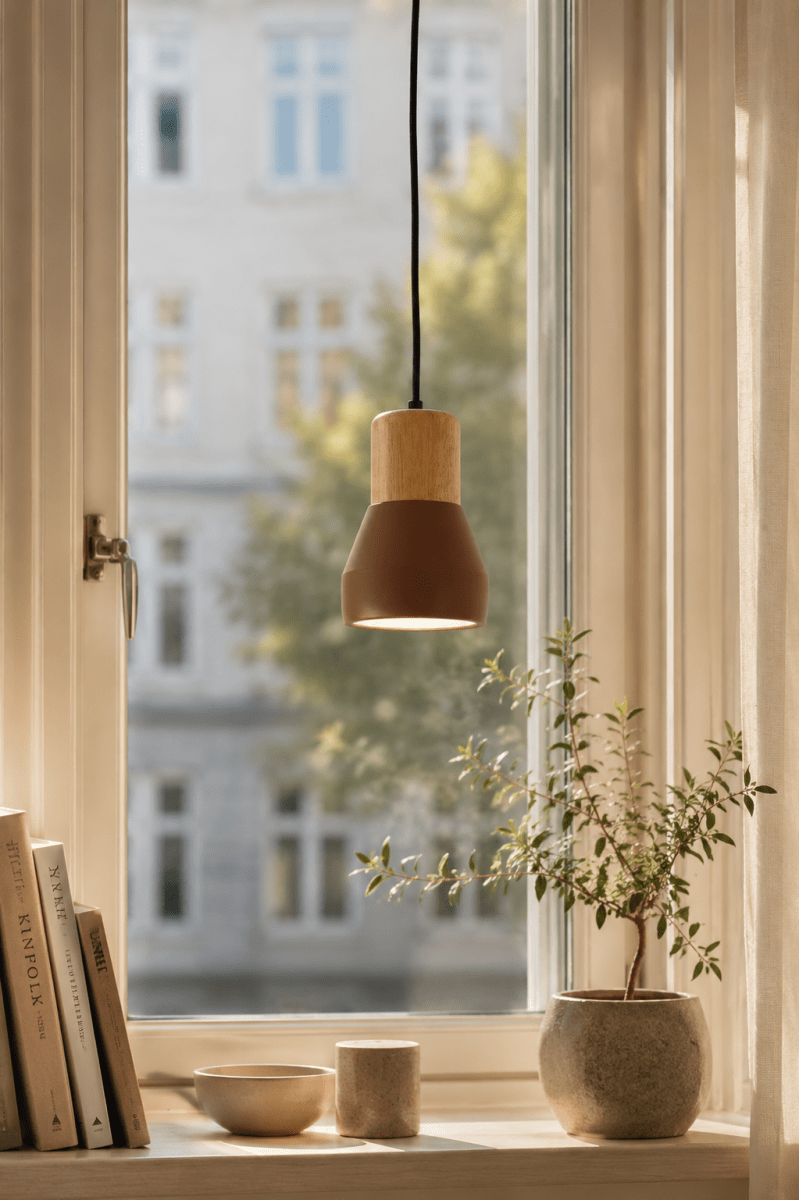 Pepe Ø13 Rust vinduslampe Fra Nordic Lighting - Kombinasjonen av tre og betong gir et robust og samtidig varmt uttrykk, mens den matte rustfargen tilf&oslash;rer en rolig og trendy f&oslash;lelse.