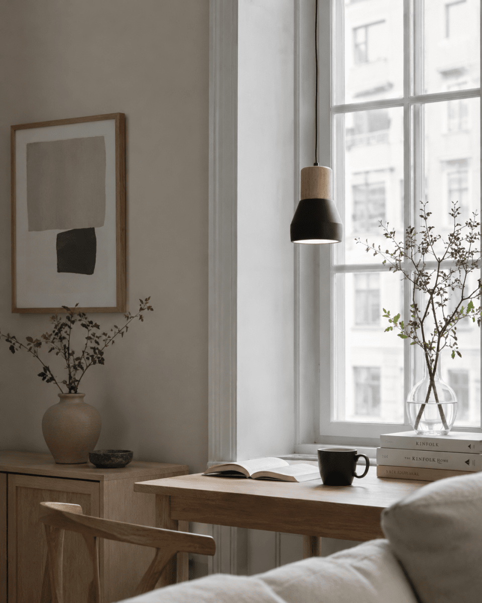 Pepe Ø13 Svart vinduslampe Fra Nordic Lighting - Kombinasjonen av tre og betong gir et robust og samtidig varmt uttrykk, mens den matte svarte fargen tilf&oslash;rer en rolig og trendy f&oslash;lelse.