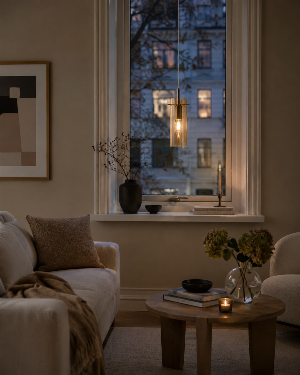 Cilinda Ø7 Messing/rav vinduslampe Fra Nordic Lighting - Det ravfargede glasset skaper en fin lysspredning, og i kombinasjon med de antikke messingdetaljene blir den en stilig interi&oslash;rdetalj.