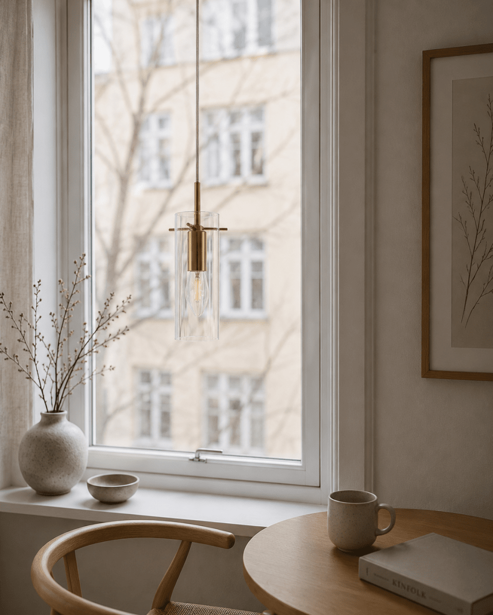 Cilinda Ø7 Messing/gjennomsiktig vinduslampe Fra Nordic Lighting - Cilinda er en tidl&oslash;s vinduslampe med elegant design.