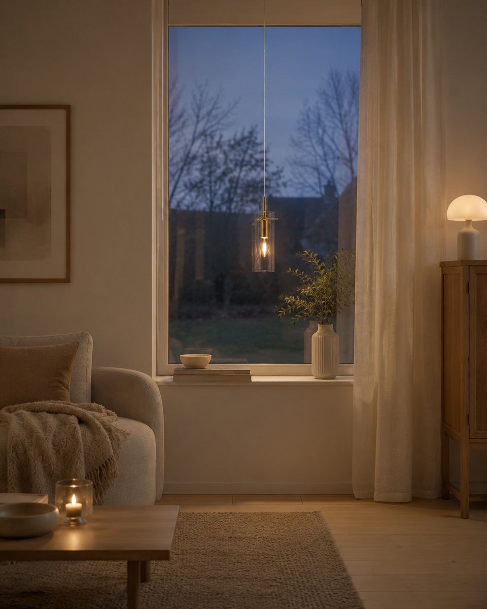 Cilinda Ø7 Messing/gjennomsiktig vinduslampe Fra Nordic Lighting - Cilinda er en tidl&oslash;s vinduslampe med elegant design.