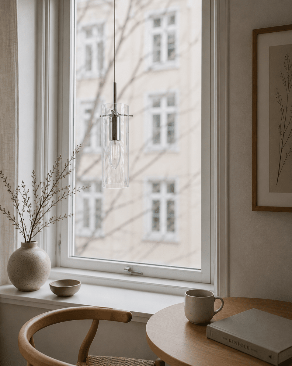 Cilinda Ø7 Krom/gjennomsiktig vinduslampe Fra Nordic Lighting - Det klare glasset skaper en fin lysspredning, og i kombinasjon med metallet i kromfinish blir det en stilig interi&oslash;rdetalj.
