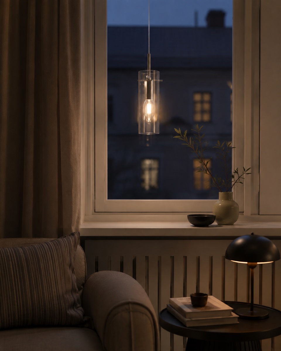 Cilinda Ø7 Krom/gjennomsiktig vinduslampe Fra Nordic Lighting - Det klare glasset skaper en fin lysspredning, og i kombinasjon med metallet i kromfinish blir det en stilig interi&oslash;rdetalj.