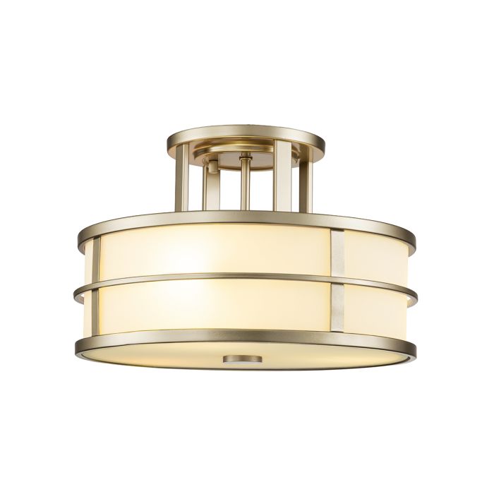 Fusion Ø34 Messing plafond Fra Elstead Lighting - Rammen er utstyrt med riflet opalglass rundt sidene og en glasskuppel som diffusor i bunnen, noe som skaper en fascinerende lyseffekt.