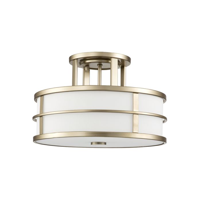 Fusion Ø34 Messing plafond Fra Elstead Lighting - Rammen er utstyrt med riflet opalglass rundt sidene og en glasskuppel som diffusor i bunnen, noe som skaper en fascinerende lyseffekt.