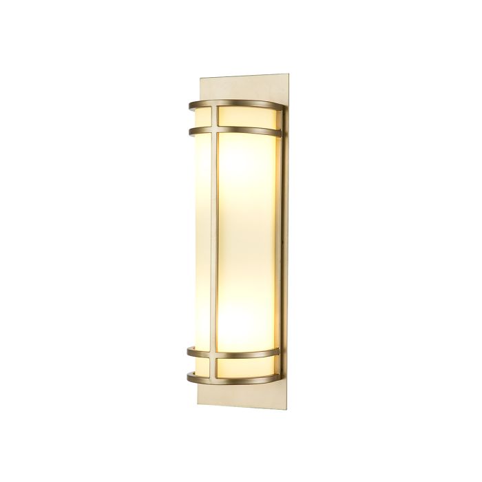 Fusion 43cm Messing vegglampe Fra Elstead Lighting - Armaturet har en rektangulær veggplate og en rekke ytre stenger som holder en sylindrisk ramme.