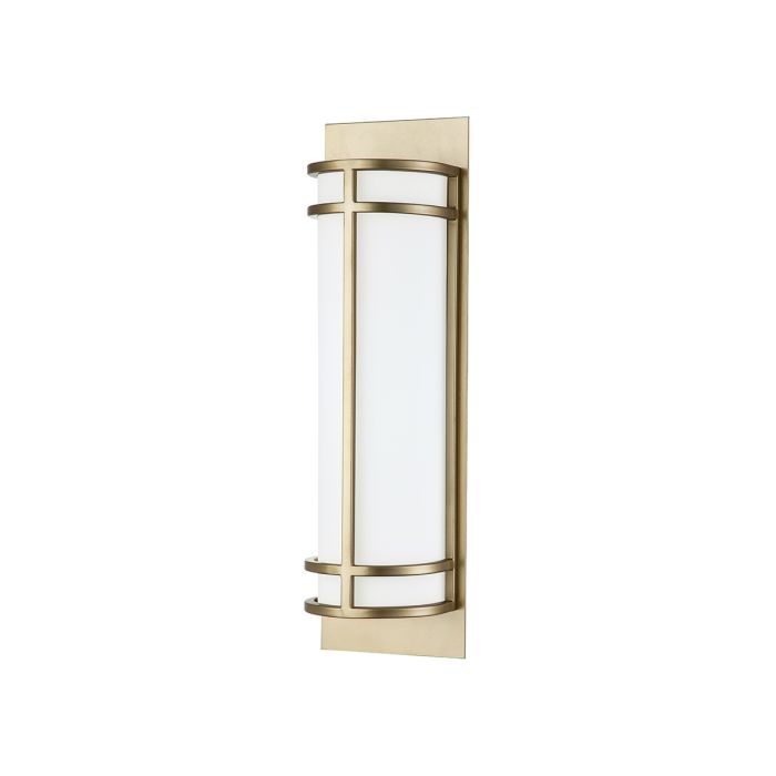Fusion 43cm Messing vegglampe Fra Elstead Lighting - Armaturet har en rektangulær veggplate og en rekke ytre stenger som holder en sylindrisk ramme.