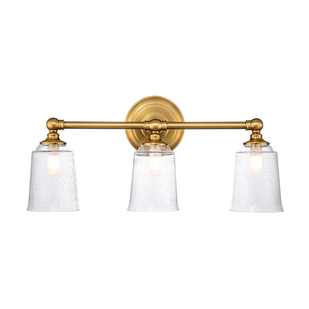 Huguenot Lake 53cm Messing baderomslampe Fra Elstead Lighting - De elegante sirkulære detaljene og håndkuttede brakettene gir en følelse av tradisjonelt håndverk, mens det klare, strukturerte glasset skaper et mykt og innbydende lys.