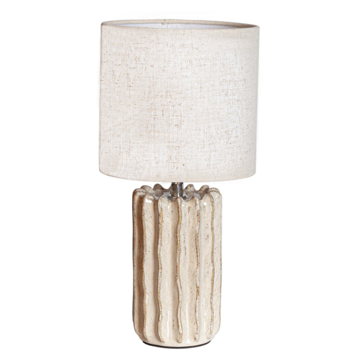 Flint 33cm Beige bordlampe Fra Cottex - Lampebasen er kombinert med en beige tekstilskjerm som skaper en myk og harmonisk helhet.