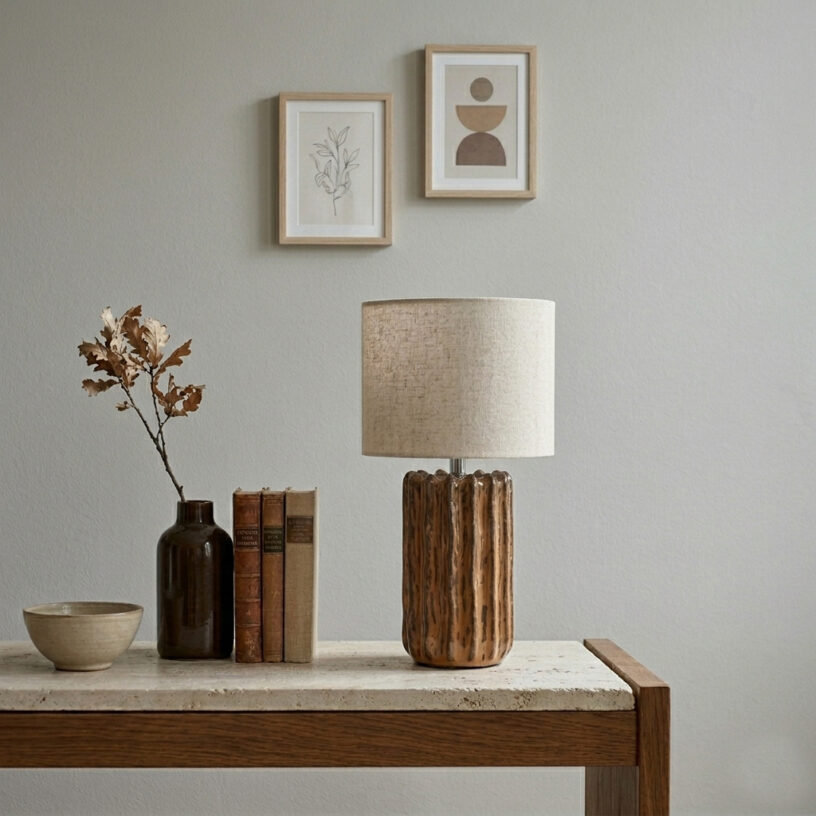 Flint 33cm Brun bordlampe Fra Cottex - Den strukturerte overflaten og den glaserte finishen skaper et livlig uttrykk med fine skift i farge og form.