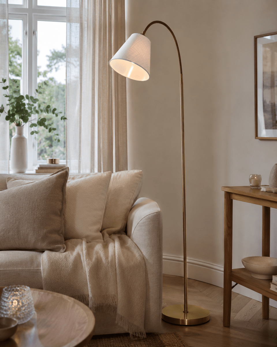 Uno Antikk messing gulvlampe Fra Lampan - Den hvite linskjermen sprer et mykt og behagelig lys og er perfekt som leselampe ved sofaen eller som stemningsbelysning p&aring; soverommet.
