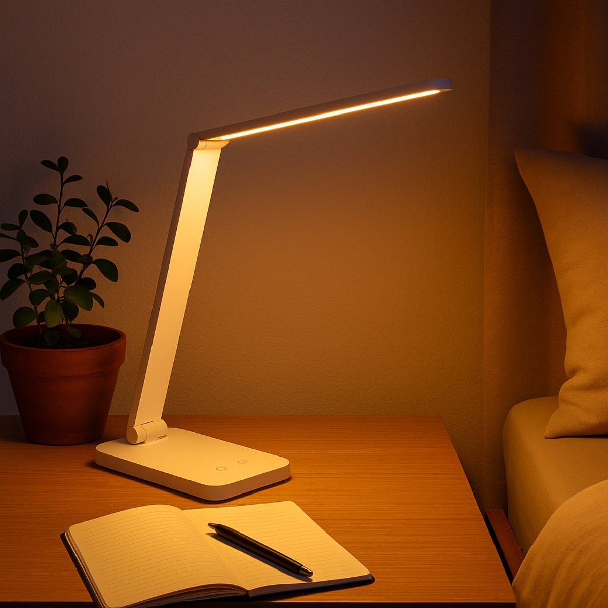 Lomina 38cm Hvit skrivebordslampe Fra Brilliant - Med både USB-C- og USB-kontakter kan du enkelt lade eksterne enheter direkte fra lampen, noe som gjør Lomina til en praktisk og stilig løsning for moderne skrivebord.