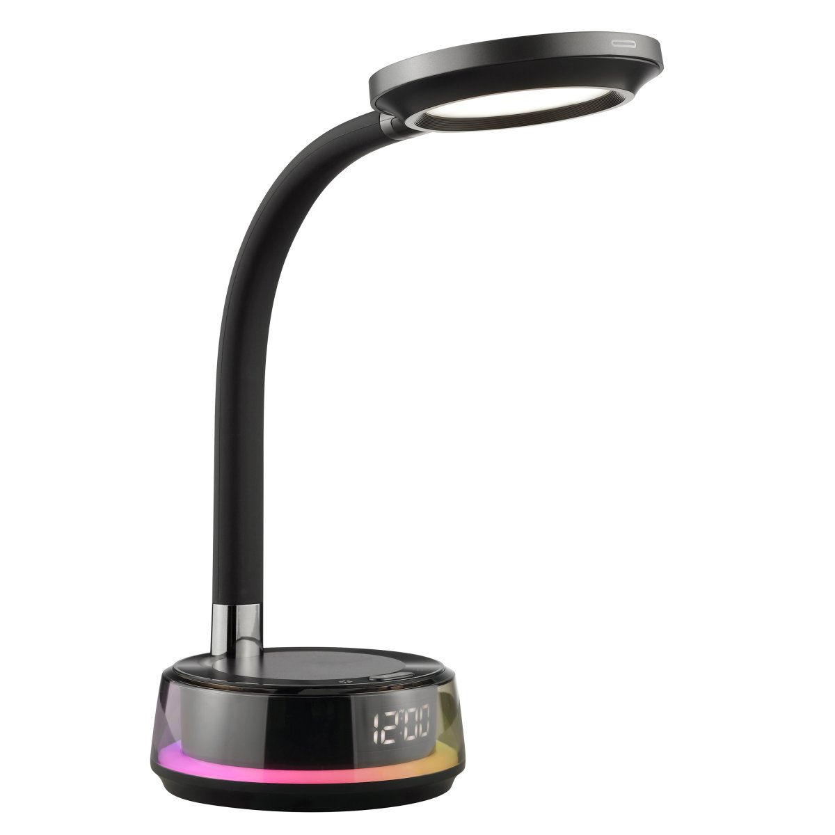 Moonglow 53cm Svart skrivebordslampe Fra Brilliant - Lampefoten huser en rekke smarte funksjoner: en integrert digital klokke, tr&aring;dl&oslash;s ladeplate for telefoner og USB-C-uttak for lading av andre enheter.