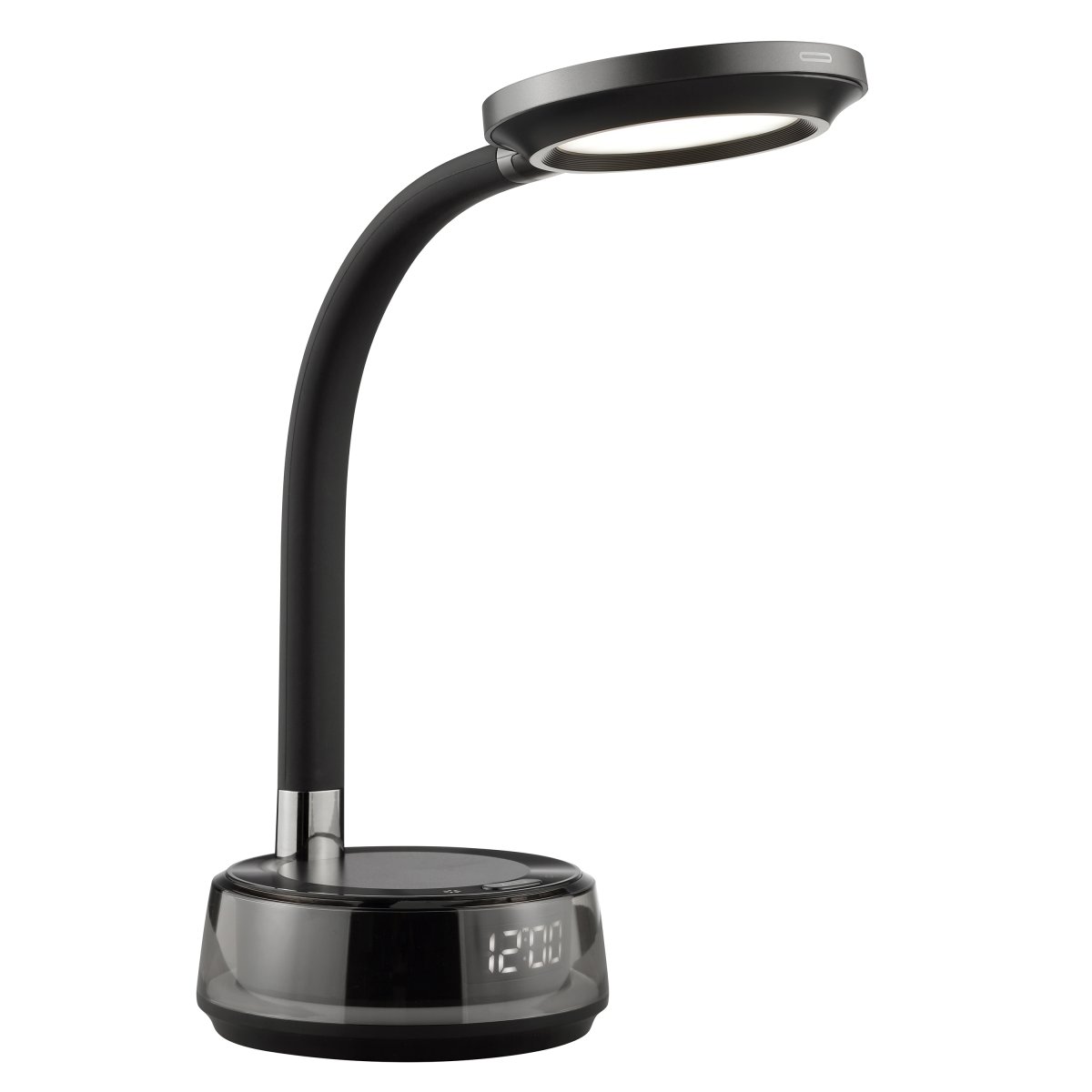 Moonglow 53cm Svart skrivebordslampe Fra Brilliant - Lampefoten huser en rekke smarte funksjoner: en integrert digital klokke, tr&aring;dl&oslash;s ladeplate for telefoner og USB-C-uttak for lading av andre enheter.