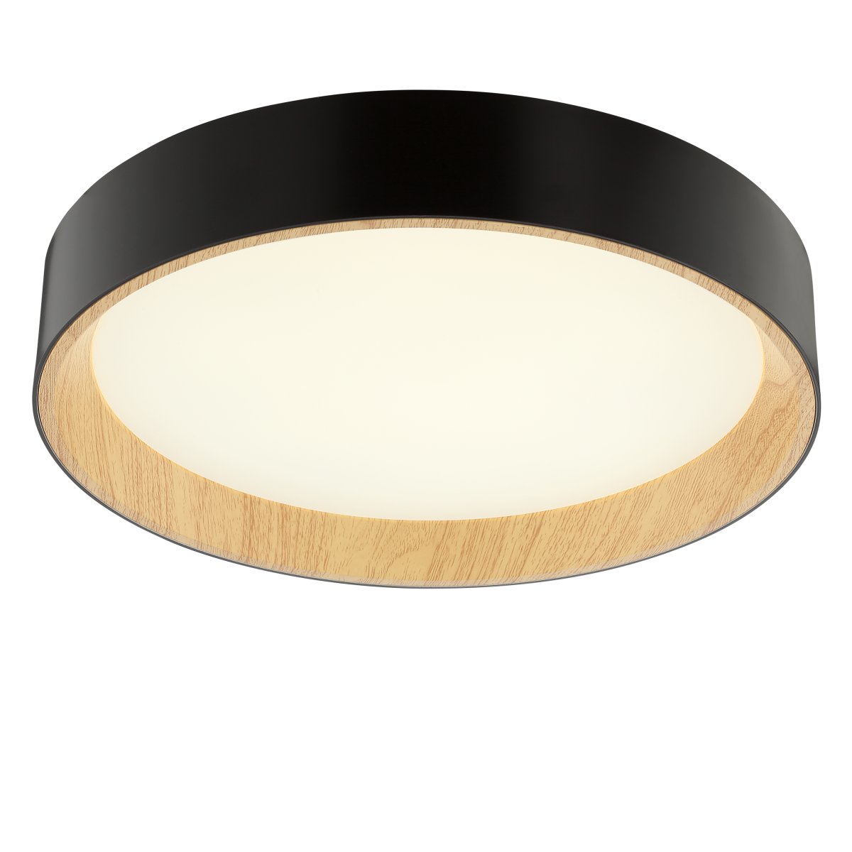 Larios Ø38 Svart plafond Fra Brilliant - Denne taklampen er laget av metall og plast, og har en svart ramme med treimitasjon p&aring; innsiden, noe som skaper en varm og innbydende atmosf&aelig;re.