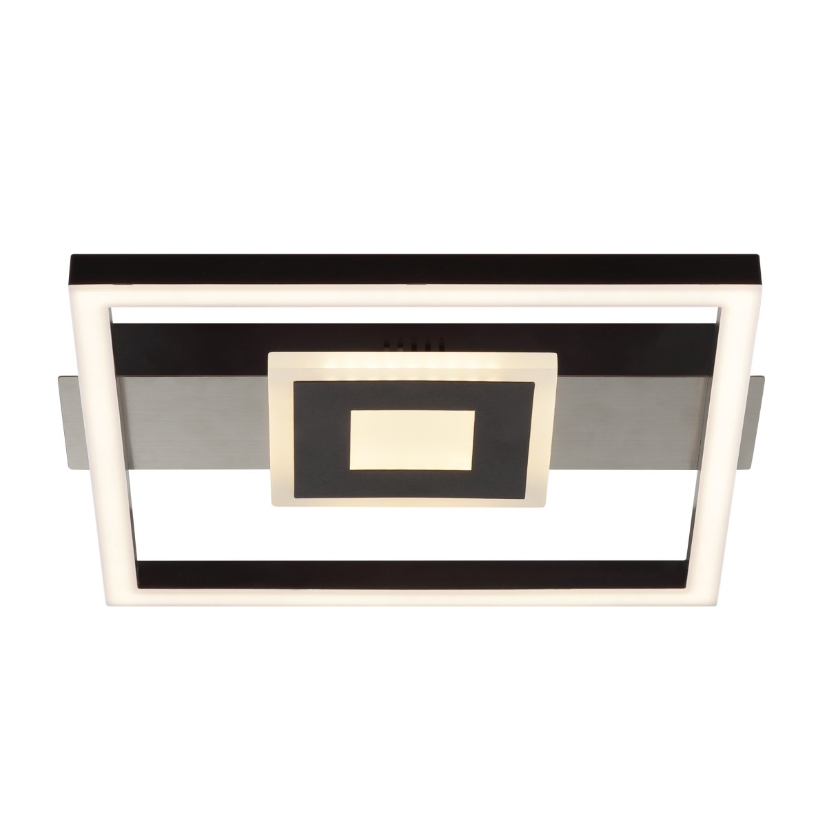 Baldo 30cm Svart plafond Fra Brilliant - Den rektangulære rammen i svart er kombinert med en elegant bakplate i satengnikkel, noe som gir et eksklusivt uttrykk.