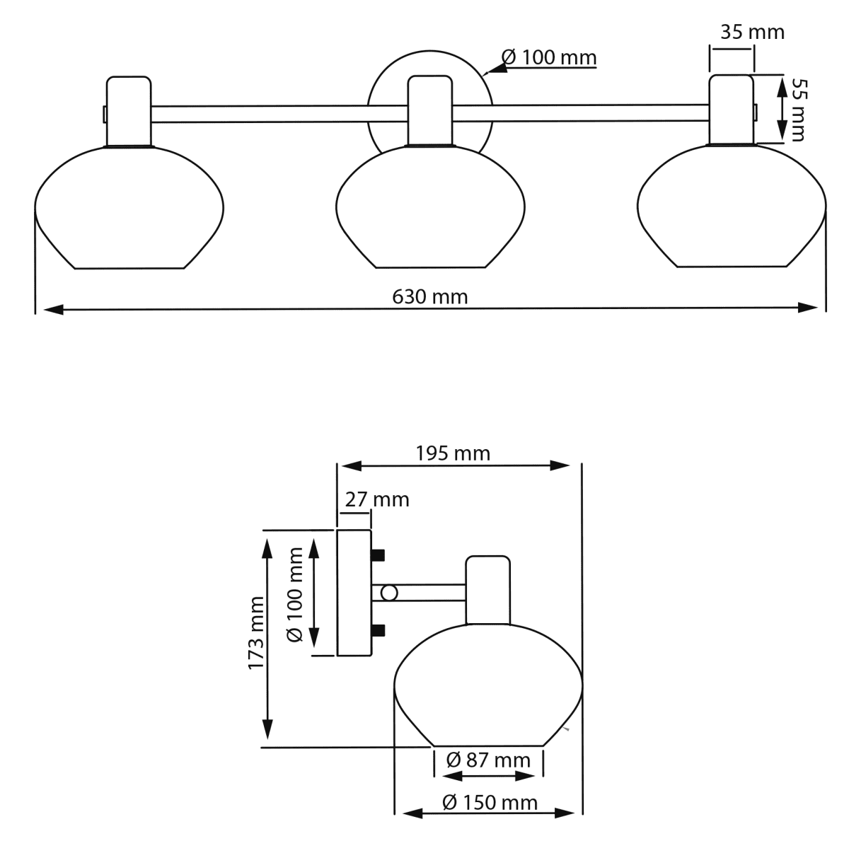 Elba 63cm Matt messing baderomslampe Fra Aneta Lighting - Denne vegglampen er laget av metall i matt messing og har et elegant design med tre vakkert formede, opalhvite glasskupler som skaper et mykt og behagelig lys.