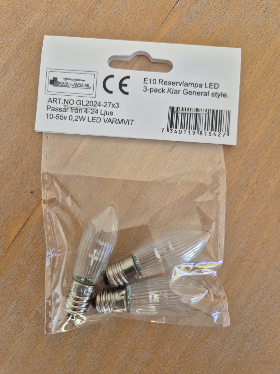 E10 LED 0,2W 2700K 3-pk Fra Pixie Design - Erstatningsp&aelig;re i en pakke med 3, E10-sokkel, 0,2 W per lyskilde.