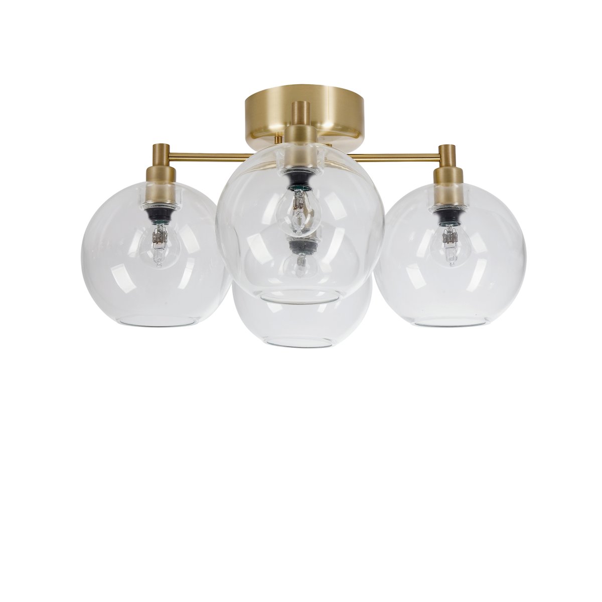 Gloria Ø46 Messing/gjennomsiktig plafond Fra Belid - Gloria er en stilig taklampe med fire runde lampeskjermer i munnbl&aring;st glass.