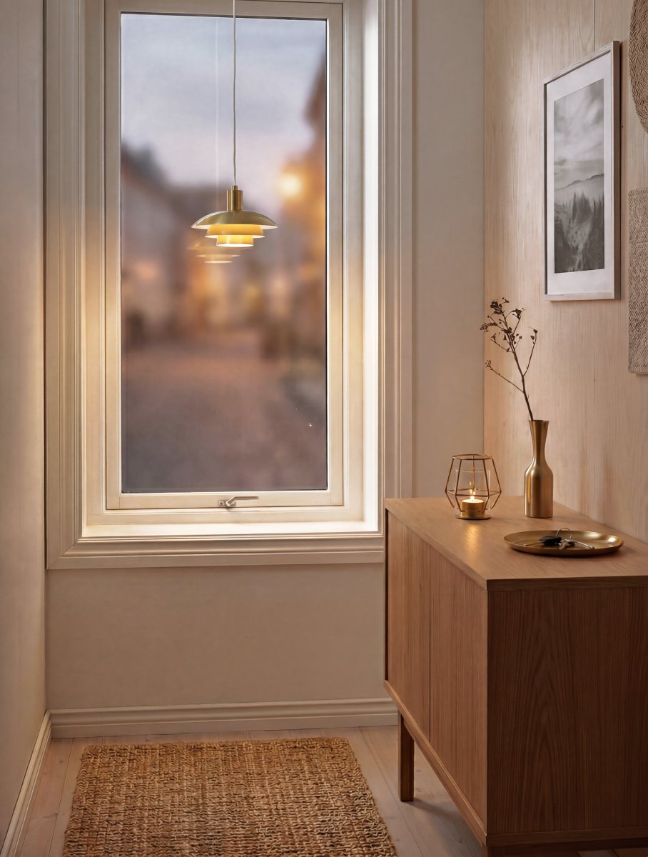 Epsilon Ø20 Gull vinduslampe Fra Aneta Lighting - Lampen er laget av metall med en matt messingfinish som gir en varm og sofistikert f&oslash;lelse.