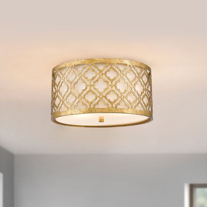 Arabella Ø40 Gull plafond Fra Elstead Lighting - Lampen er ogs&aring; utstyrt med en sokkelplate i hvitt glass som skaper en jevn og blendfri lysfordeling.