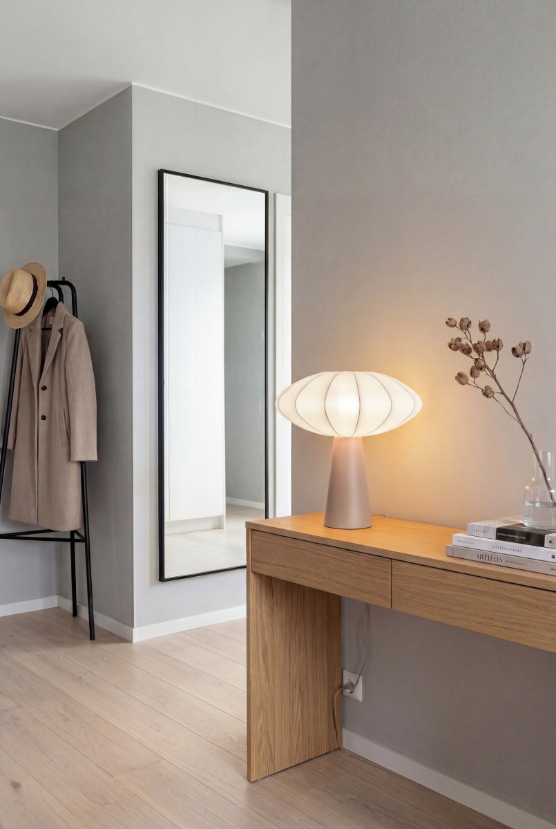 Madison 35cm Beige bordlampe Fra Aneta Lighting - Den varme beige lampefoten skaper en fin kontrast mot lysskjermen og gir lampen et varmt og harmonisk uttrykk.