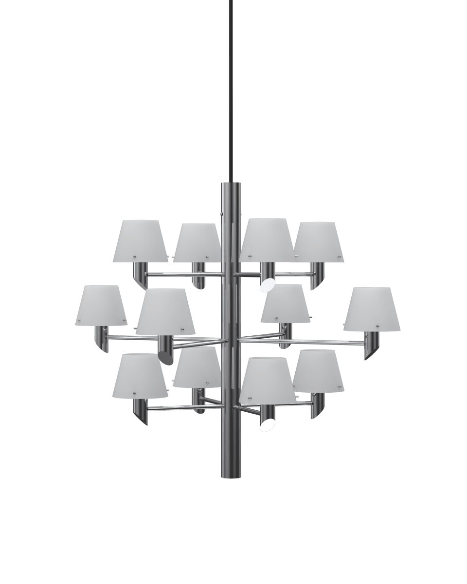 Gil Ø67 Krom Taklampe Fra Herstal - Et moderne design som reflekterer lys og liv med selvsikker eleganse gjennom de opale glassskjermene.