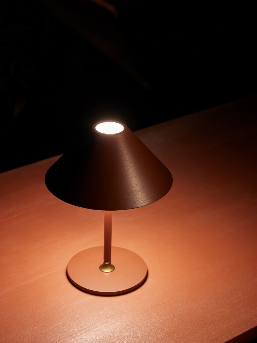 Hygge 20cm Rødbrun bærbar Fra Halo Design - Den er IP54-klassifisert, noe som gjør den egnet for både innendørs og utendørs bruk (den bør imidlertid oppbevares og lades innendørs).