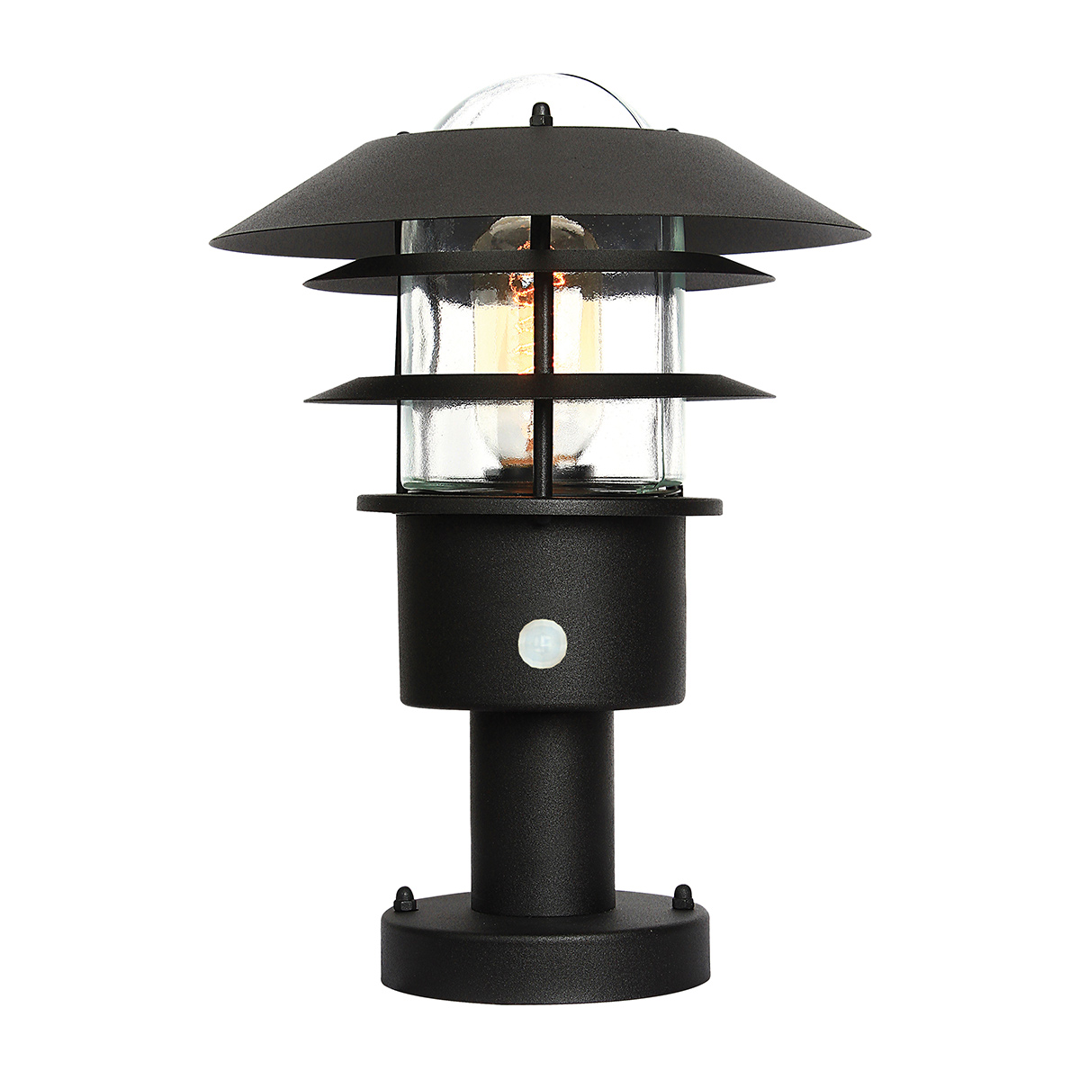 Helsingor PIR 30cm Svart Fra Elstead Lighting - Tillverkad av rostfritt st&aring;l i svart finish och glas, erbjuder den en robust och v&auml;derbest&auml;ndig konstruktion som &auml;r perfekt vid uppfarter, entr&eacute;er eller tr&auml;dg&aring;rdsg&aring;ngar.