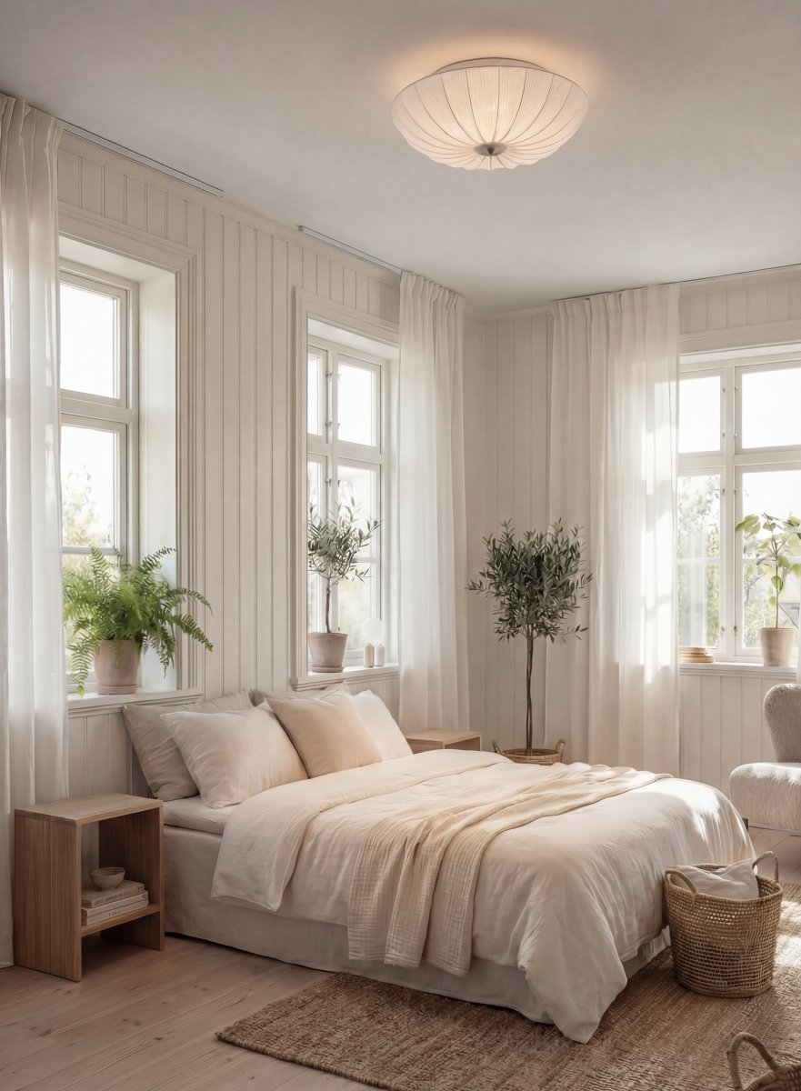 Lady Ø55 Hvit plafond Fra Aneta Lighting - N&aring;r lampen er p&aring;, sprer et mykt og behagelig lys seg gjennom stoffet og skaper en varm atmosf&aelig;re i rommet.