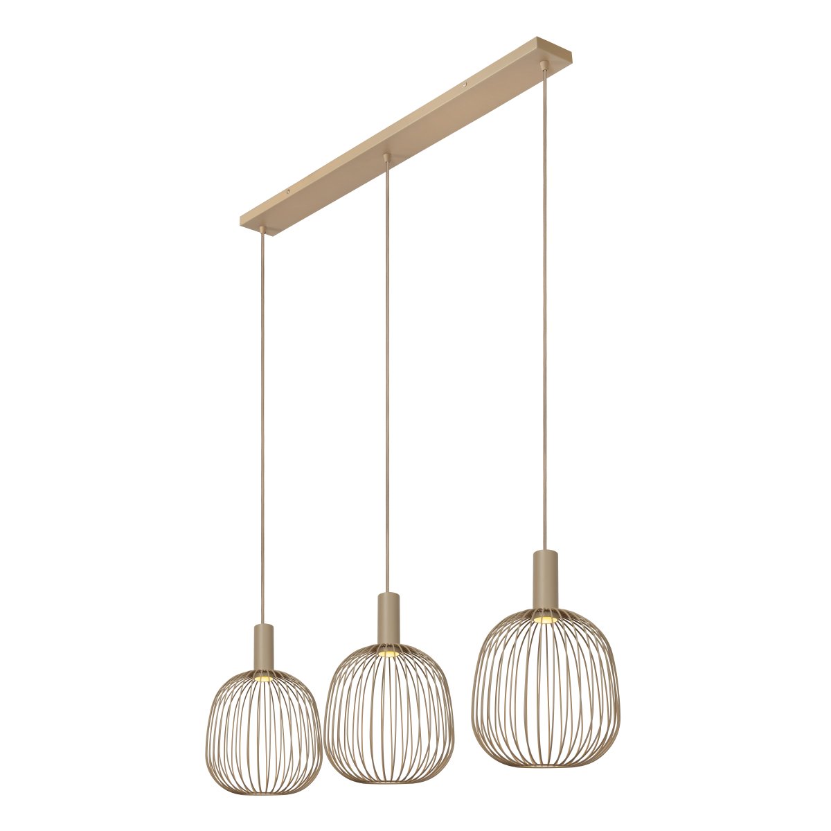 Esterel 116cm Beige Taklampe Fra Lucide - Esterel er en stilig pendellampe i beige metall med tre åpne skjermer som gir et mykt og innbydende lys når lampen er på.