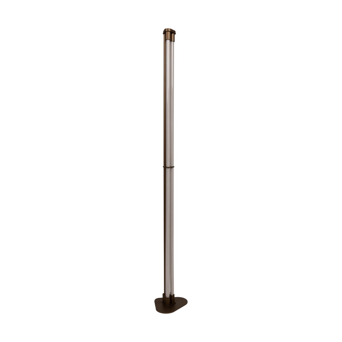 Janderin Brun gulvlampe Fra Lucide - Den brune, metallfargede lampen er laget av h&oslash;ykvalitetsaluminium og utstyrt med to integrerte LED-lyskilder (2x17W), som begge er dimbare og har justerbar fargetemperatur fra 2200K til 3300K.