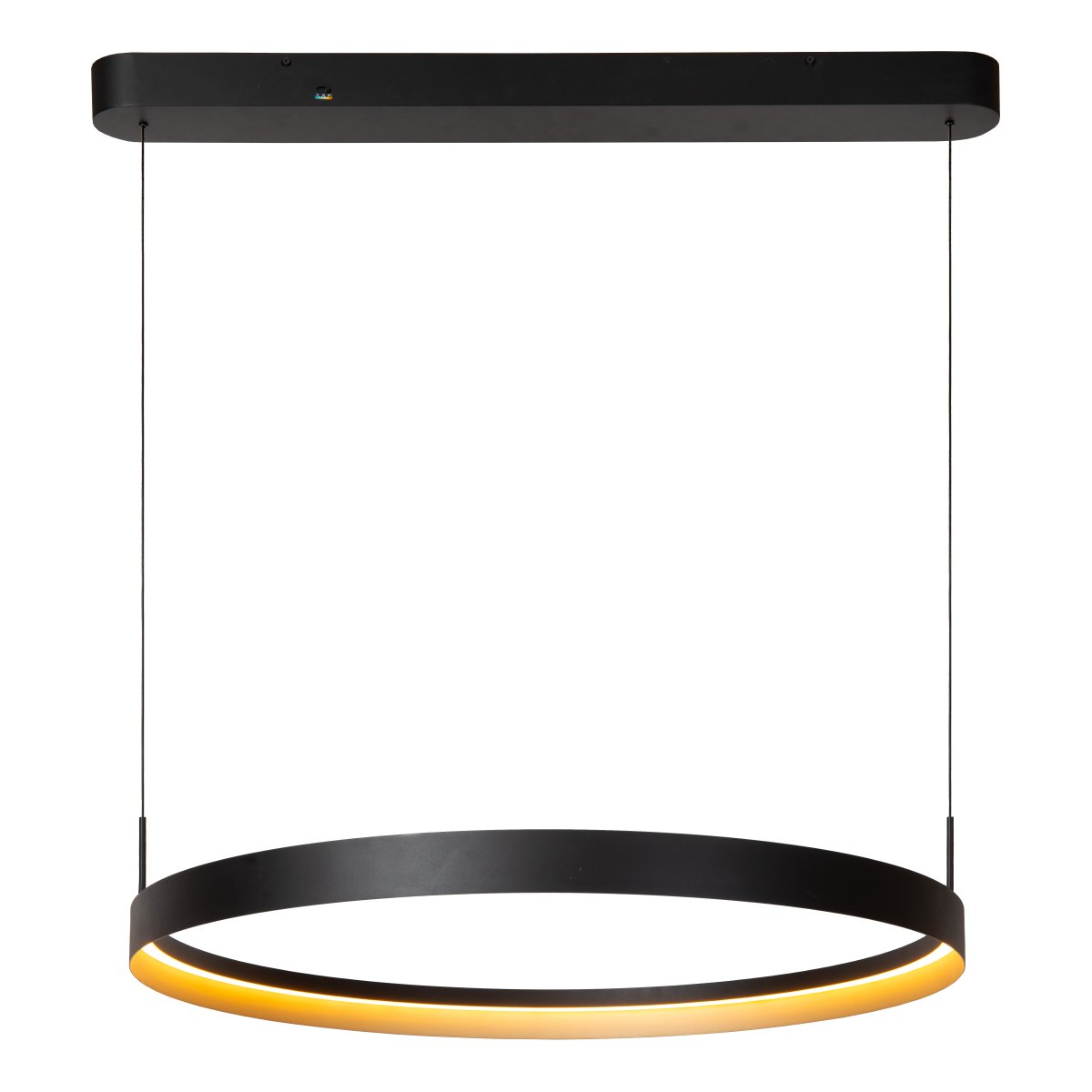Radiant Ø80 Svart Taklampe Fra Lucide - Den sirkul&aelig;re skjermen har en elegant innside i en metallisk champagnefarge som skaper en eksklusiv kontrast og forsterker det varme lysuttrykket.