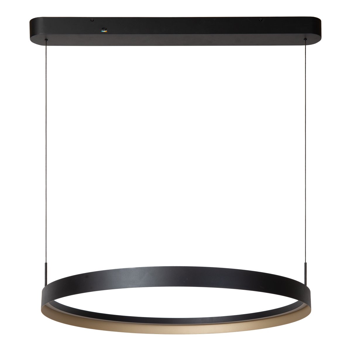 Radiant Ø80 Svart Taklampe Fra Lucide - Den sirkul&aelig;re skjermen har en elegant innside i en metallisk champagnefarge som skaper en eksklusiv kontrast og forsterker det varme lysuttrykket.