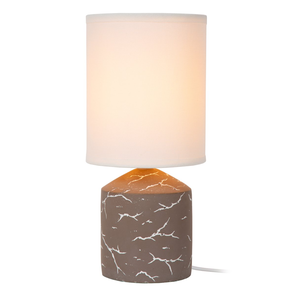 Fran 30cm Taupe bordlampe Fra Lucide - Den sylindriske lampeskjermen i hvitt tekstil komplementerer designet og bidrar til et mykt og behagelig lys.