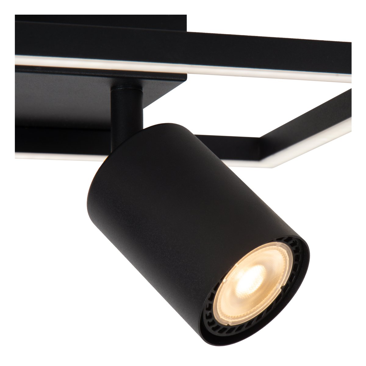 Arianne 40cm Svart plafond Fra Lucide - Armaturen er laget av høykvalitets svart aluminium og utstyrt med to justerbare GU10-sokler, noe som gjør det enkelt å rette lyset dit du vil – perfekt for å fremheve bestemte overflater eller detaljer i hjemmet.