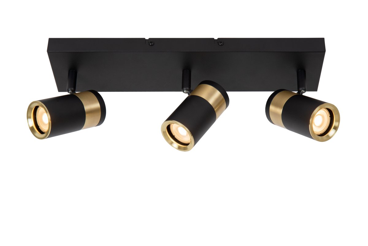 Gorik 3 Svart spotlight Fra Lucide - Den svarte metallarmaturen og messingfinishdetaljene passer perfekt inn i moderne interiør.