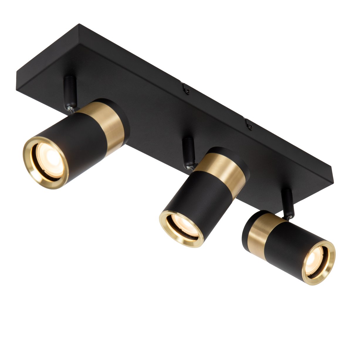 Gorik 3 Svart spotlight Fra Lucide - Den svarte metallarmaturen og messingfinishdetaljene passer perfekt inn i moderne interiør.