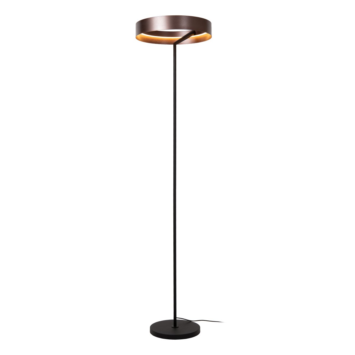 Leonard Brun gulvlampe Fra Lucide - Den runde skjermen har en elegant metallisk brun finish og en integrert LED-stripe p&aring; innsiden som sprer et kraftig og behagelig lys nedover.