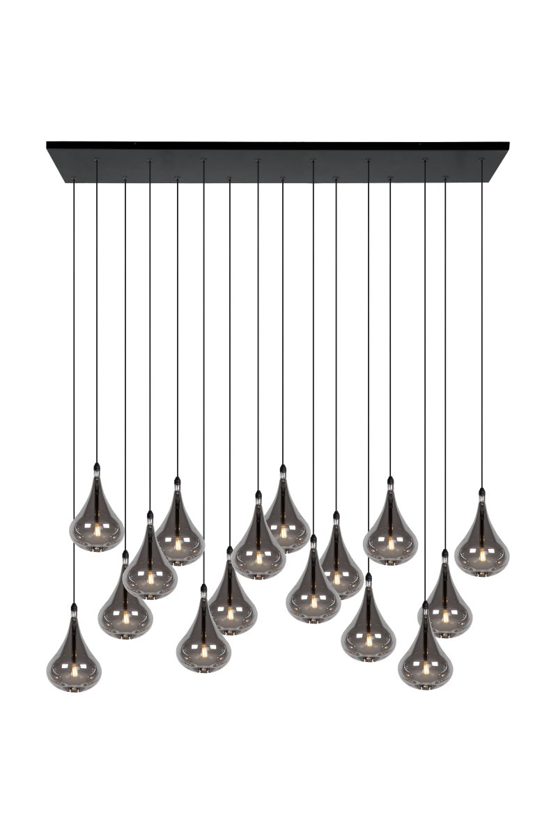 Tears 102cm Røykfarget Taklampe Fra Lucide - De dr&aring;peformede, r&oslash;kt glassskjermene som gir lampen navnet sitt, er gruppert i 16 niv&aring;er p&aring; en rektangul&aelig;r metallplate i taket.